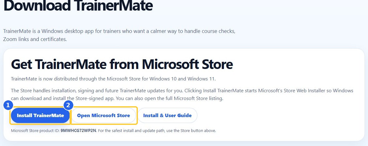 1. Install and open TrainerMate: highlighted controls in the released TrainerMate app