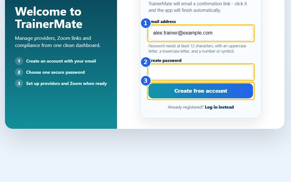 2. Create an account or log in: highlighted controls in the released TrainerMate app