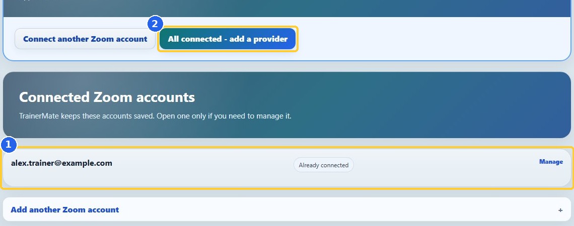 4. One Zoom account or several: highlighted controls in the released TrainerMate app