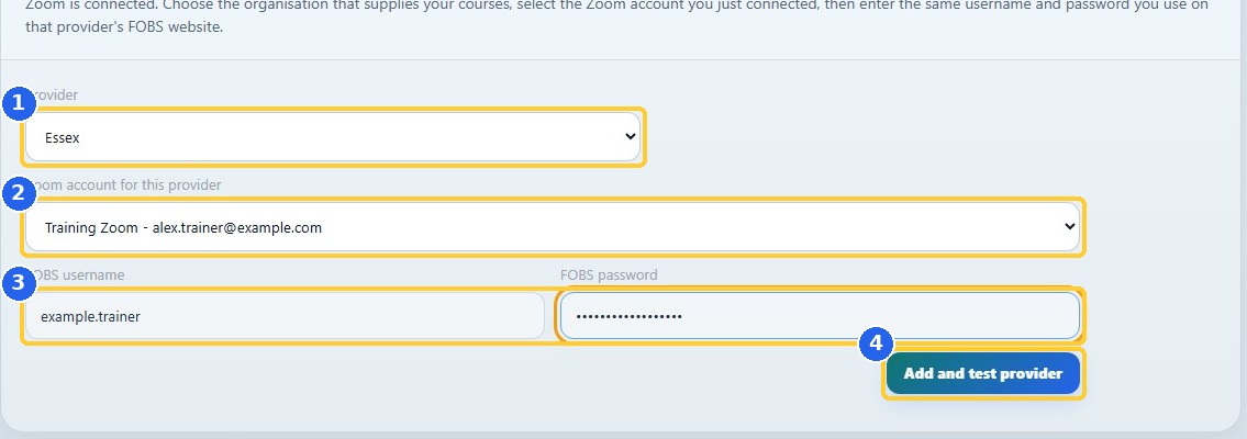 5. Add and test a FOBS provider: highlighted controls in the released TrainerMate app
