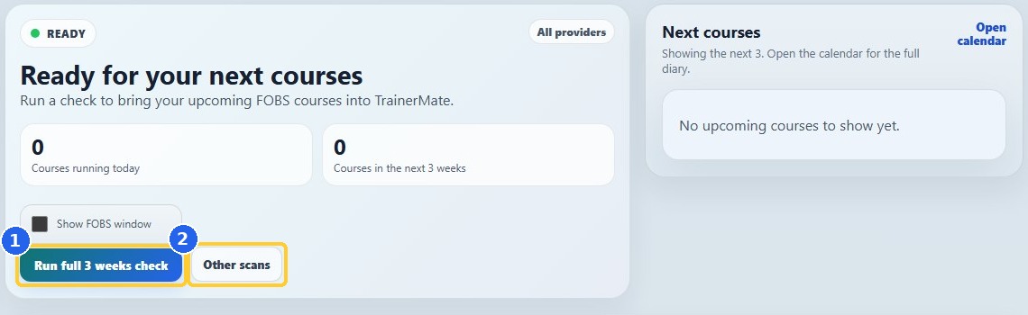 6. Run a first course check: highlighted controls in the released TrainerMate app