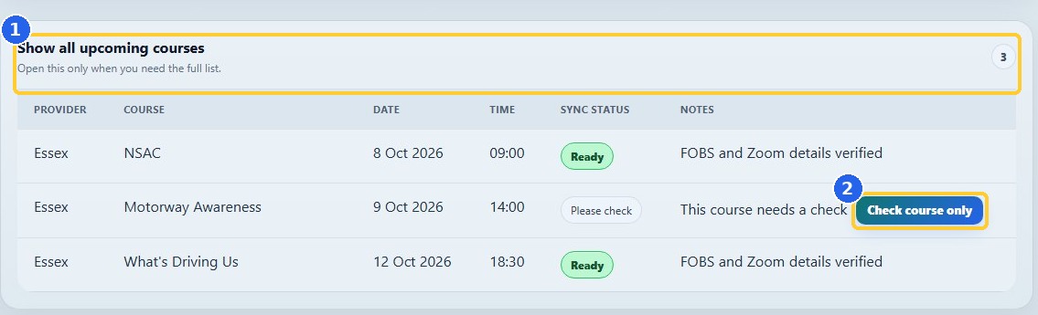 7. Review courses and make decisions: highlighted controls in the released TrainerMate app