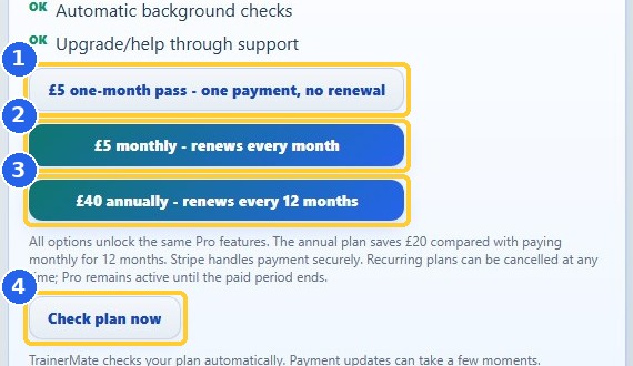9. Pay for TrainerMate Pro: highlighted controls in the released TrainerMate app