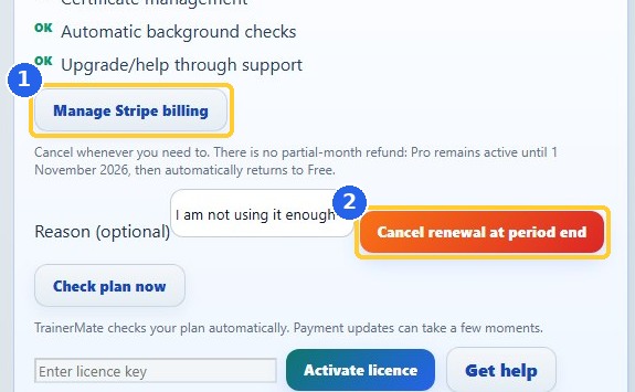 10. Billing, cancellation and receipts: highlighted controls in the released TrainerMate app