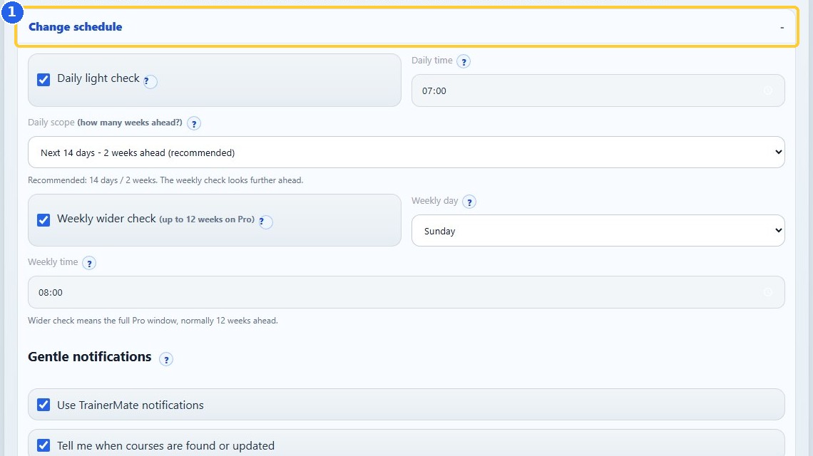 12. Choose schedules and notifications: highlighted controls in the released TrainerMate app